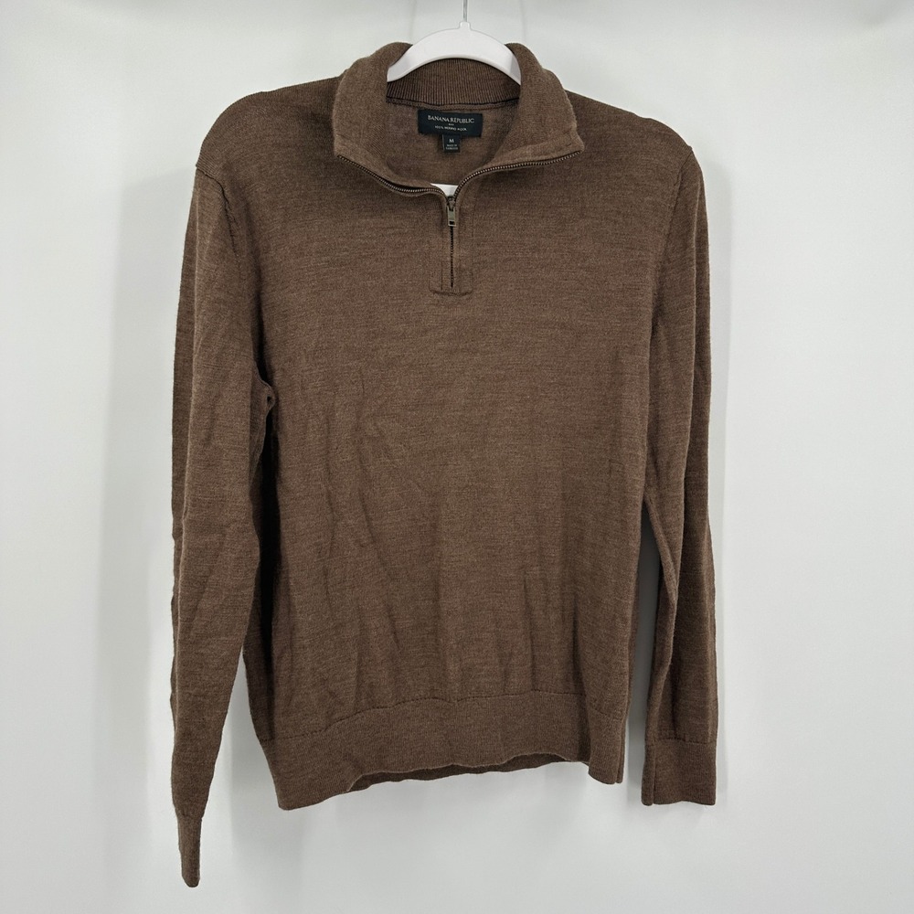 Banana Republic Mens‎ Old Money Sweater Size M Merino Wool Brown Quarter Zip